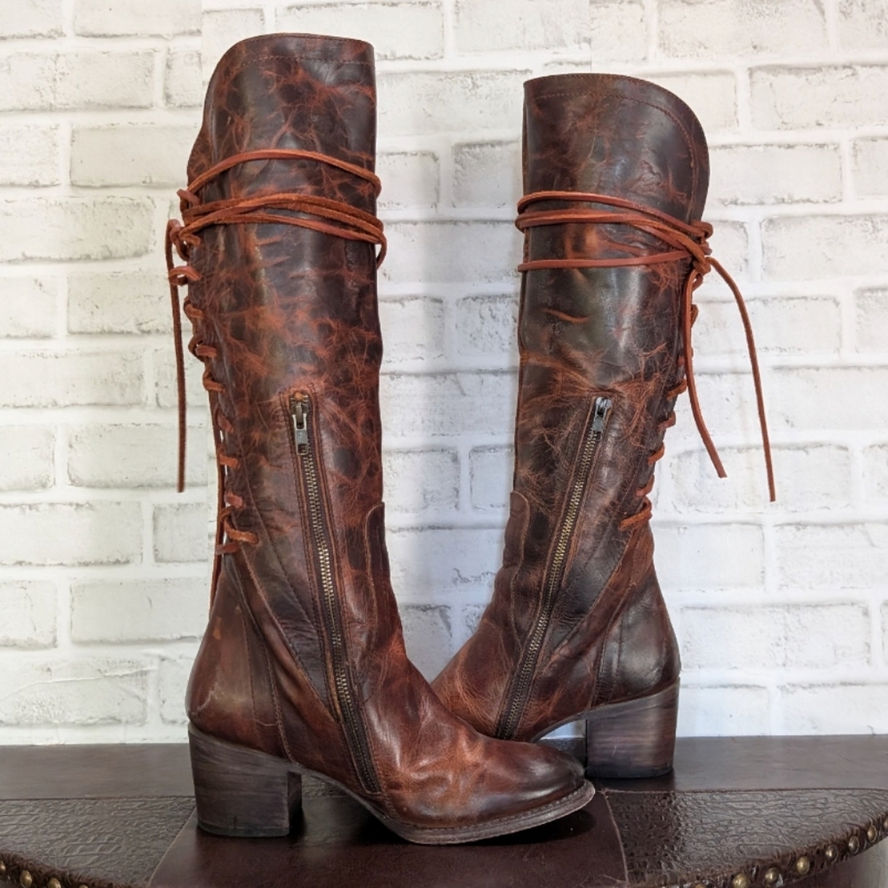 FreeBird By Steven COSMO Cognac Distressed Leather Back Lace Up Corset Boots 9 - Picture 6 of 13